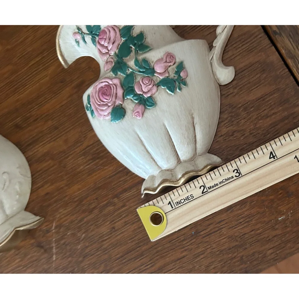Home Interiors and Gifts Vintage Wall Plaques Pink Rose Pitchers Set 2